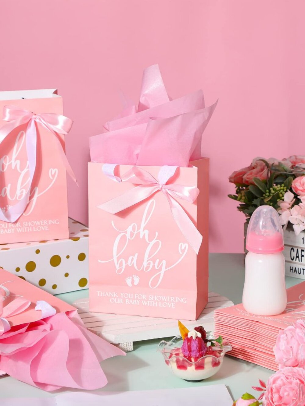 50 Pink Baby Shower Gift Bags with Tissue and Ties 8.26x5.91x3.15 Inches